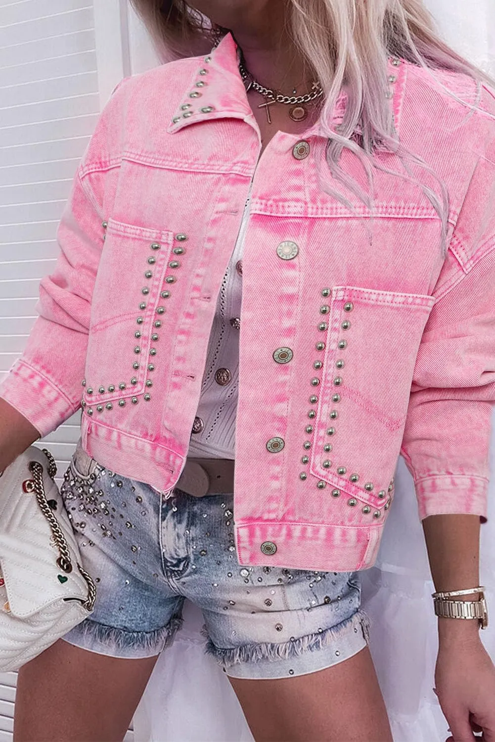 Women's Retro Acid Wash Denim Jacket with Rivet Studs