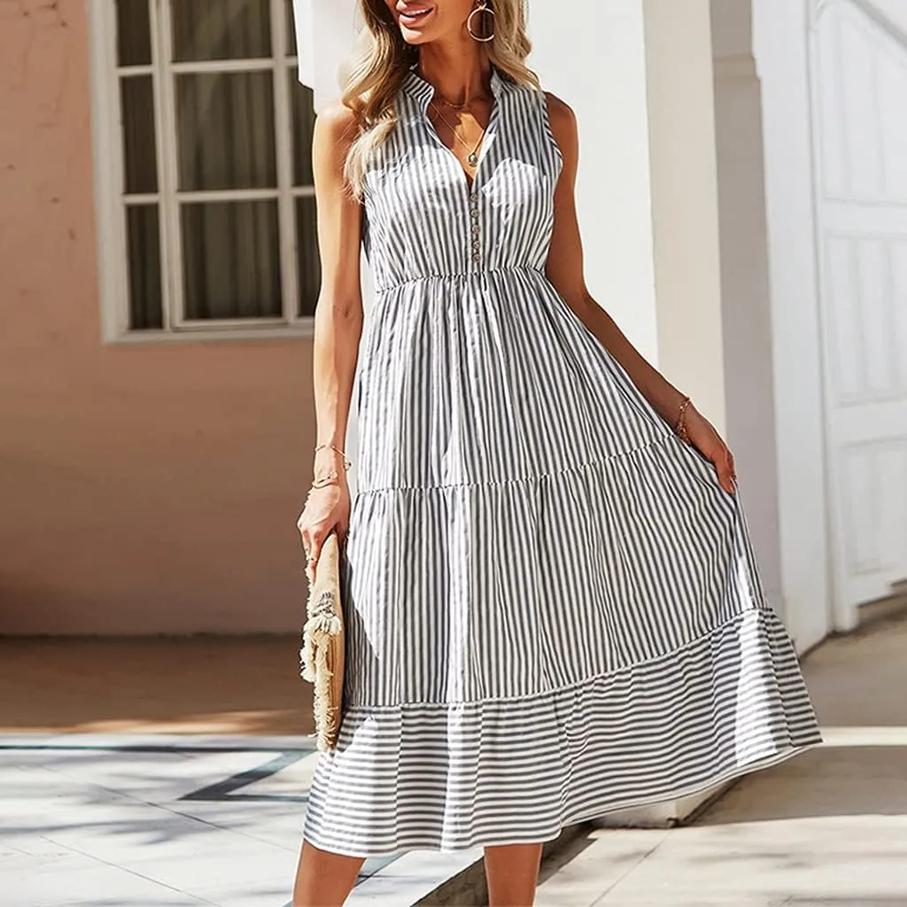 Women's Shirt Dresses Sleeveless V Neck Midi Dress Striped Pleated Ruffle Tunic Tops Casual Dress with Button