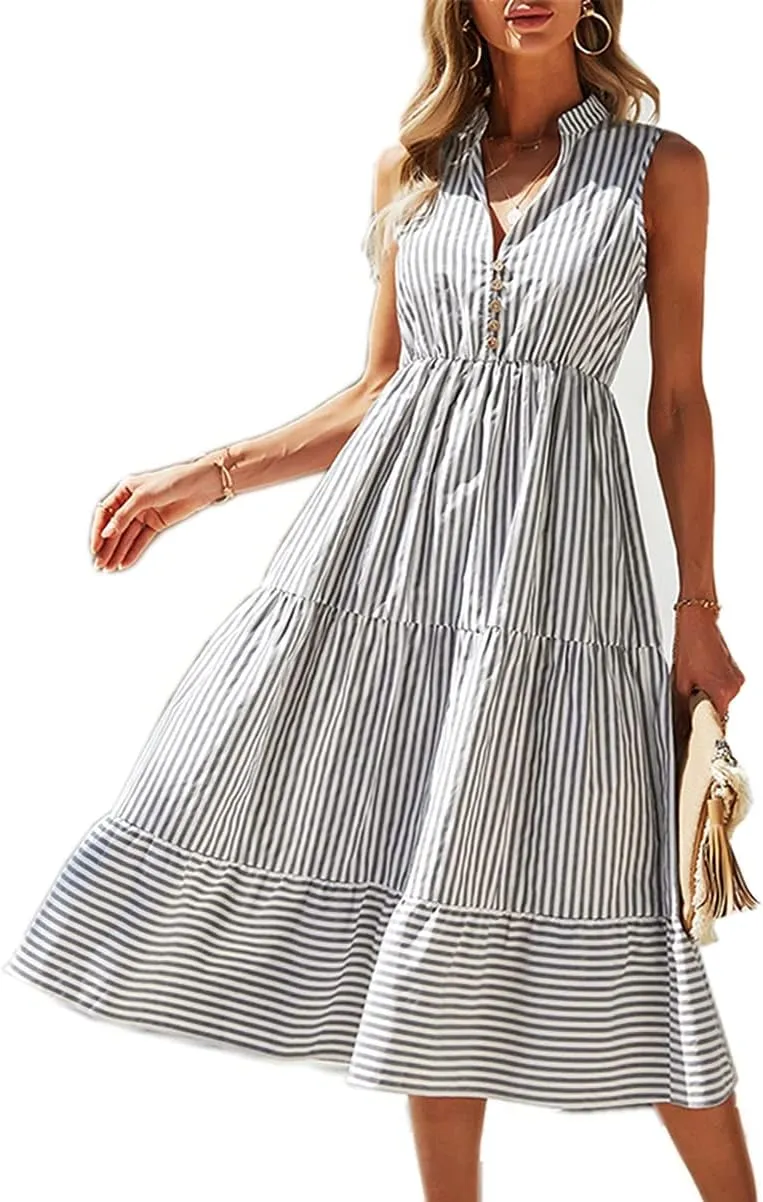Women's Shirt Dresses Sleeveless V Neck Midi Dress Striped Pleated Ruffle Tunic Tops Casual Dress with Button