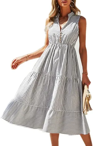 Women's Shirt Dresses Sleeveless V Neck Midi Dress Striped Pleated Ruffle Tunic Tops Casual Dress with Button