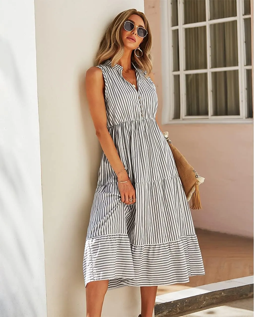 Women's Shirt Dresses Sleeveless V Neck Midi Dress Striped Pleated Ruffle Tunic Tops Casual Dress with Button