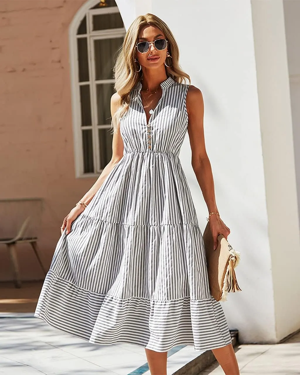 Women's Shirt Dresses Sleeveless V Neck Midi Dress Striped Pleated Ruffle Tunic Tops Casual Dress with Button