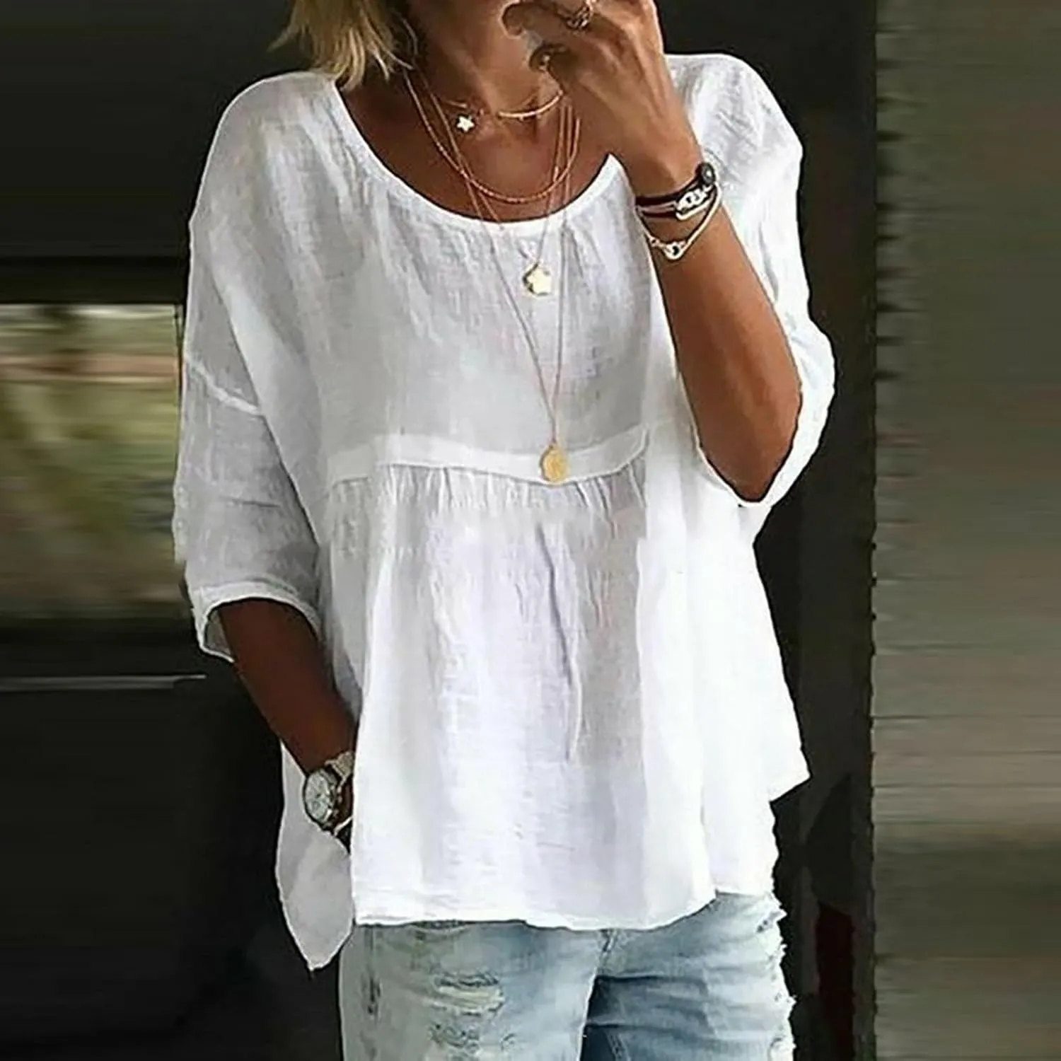 Women's Summer Boho Floral 3/4 Sleeve Tunic Top Flowy Casual Loose Cute Plus Size Pleated Blouse Shirts