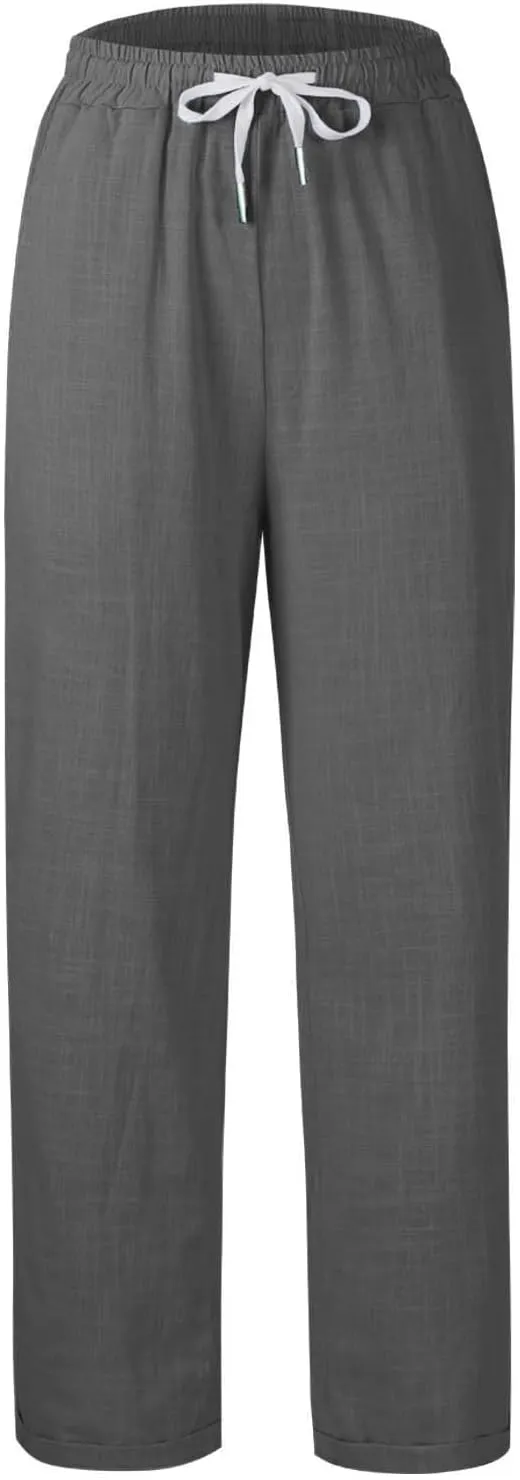 Women's Summer Casual Linen Pants Drawstring Elastic Waist Loose Fit Straight Leg Pants Comfy Beach Trousers with Pockets