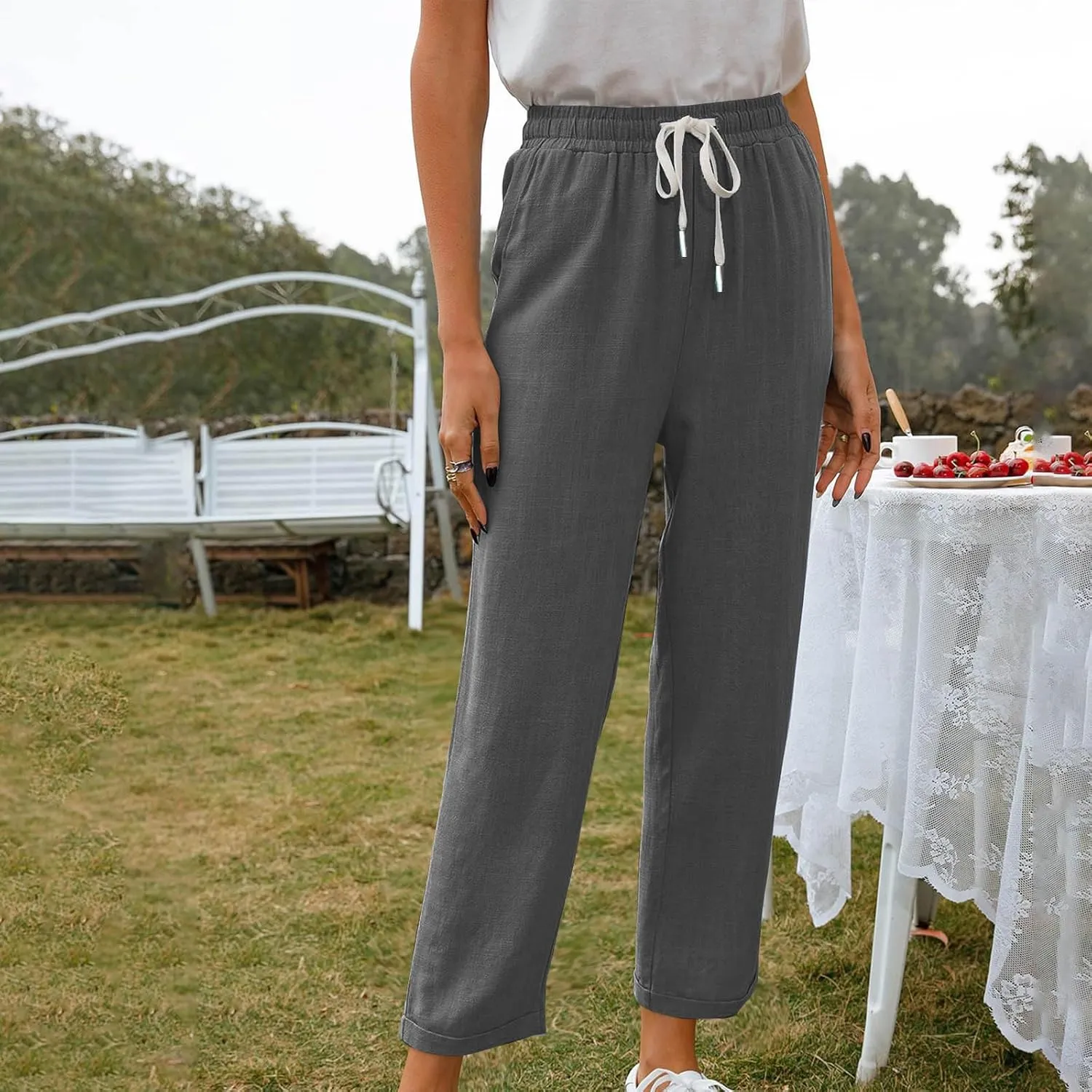 Women's Summer Casual Linen Pants Drawstring Elastic Waist Loose Fit Straight Leg Pants Comfy Beach Trousers with Pockets