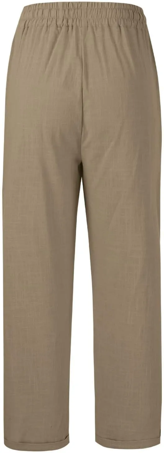 Women's Summer Casual Linen Pants Drawstring Elastic Waist Loose Fit Straight Leg Pants Comfy Beach Trousers with Pockets