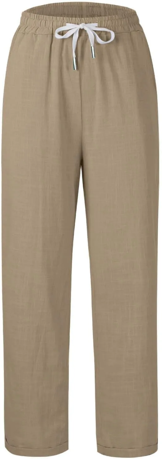 Women's Summer Casual Linen Pants Drawstring Elastic Waist Loose Fit Straight Leg Pants Comfy Beach Trousers with Pockets