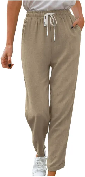 Women's Summer Casual Linen Pants Drawstring Elastic Waist Loose Fit Straight Leg Pants Comfy Beach Trousers with Pockets