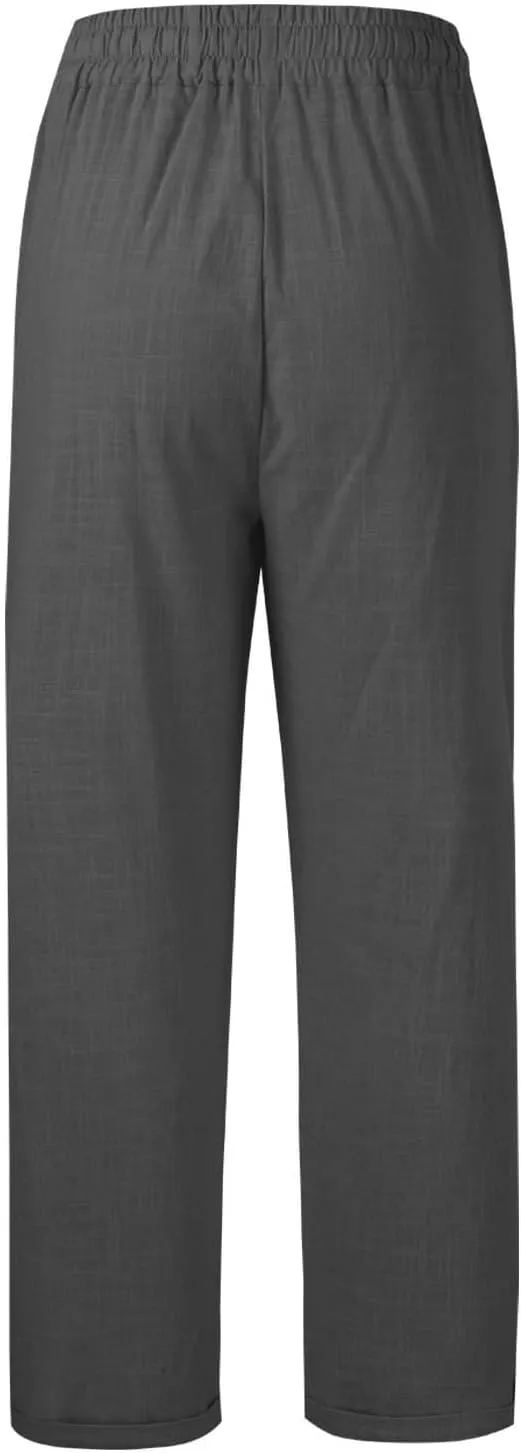 Women's Summer Casual Linen Pants Drawstring Elastic Waist Loose Fit Straight Leg Pants Comfy Beach Trousers with Pockets