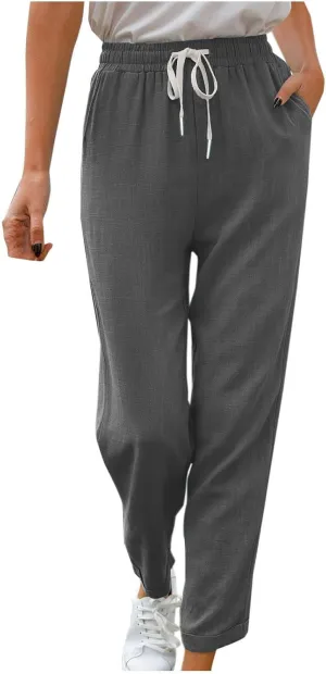 Women's Summer Casual Linen Pants Drawstring Elastic Waist Loose Fit Straight Leg Pants Comfy Beach Trousers with Pockets
