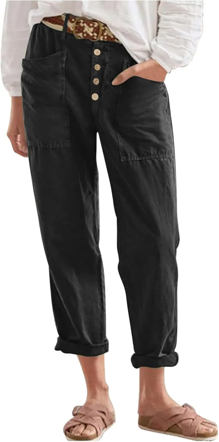 Women's Summer Casual Pants High Waisted Cotton Linen Palazzo Trousers Button Down Wide Leg Pocket Lounge Slacks