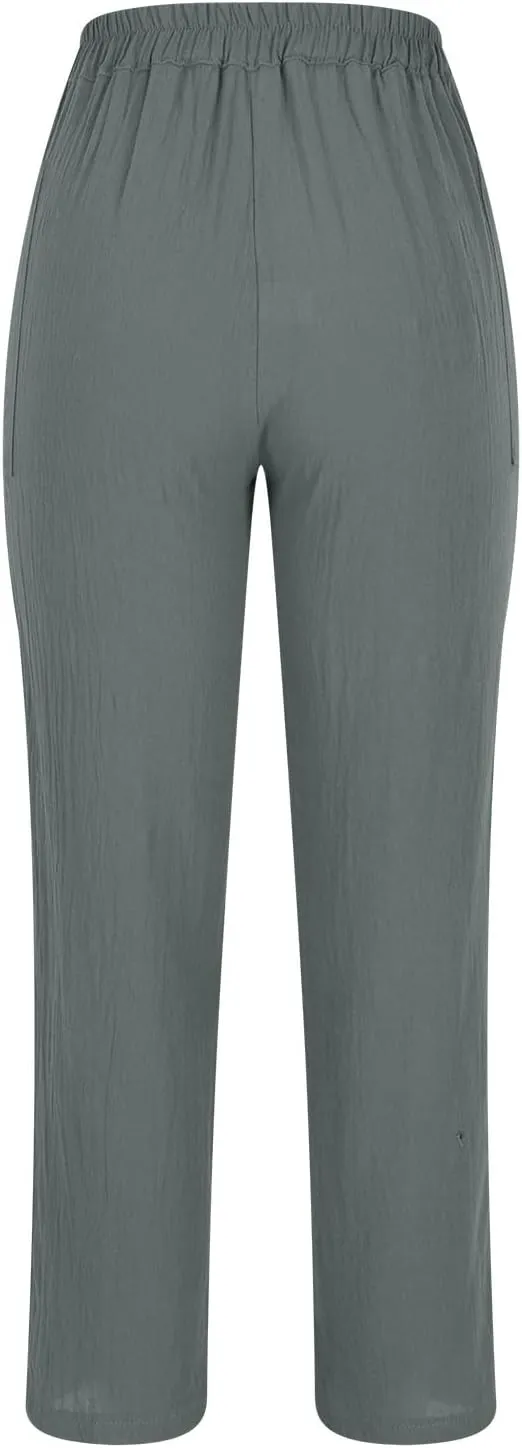 Women's Summer Casual Pants High Waisted Cotton Linen Palazzo Trousers Button Down Wide Leg Pocket Lounge Slacks