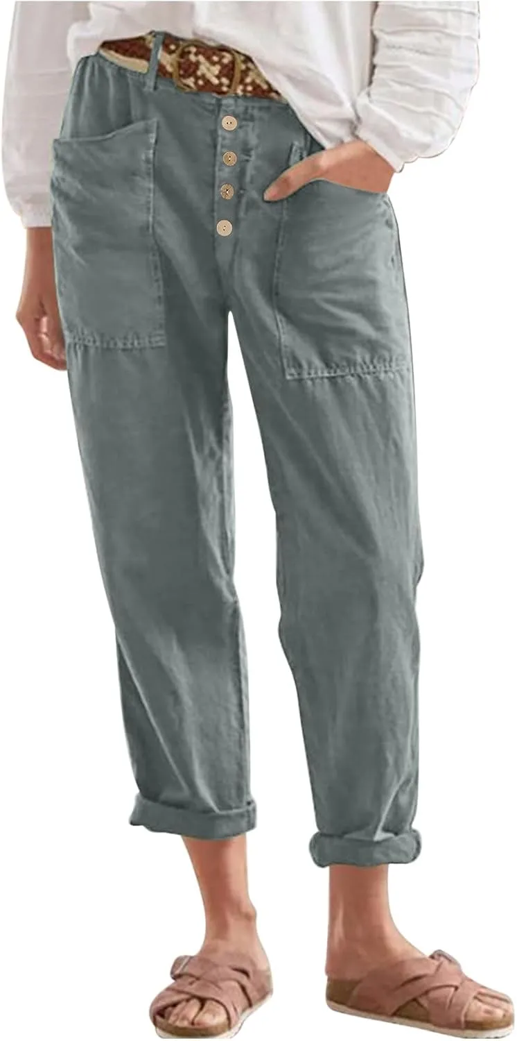 Women's Summer Casual Pants High Waisted Cotton Linen Palazzo Trousers Button Down Wide Leg Pocket Lounge Slacks
