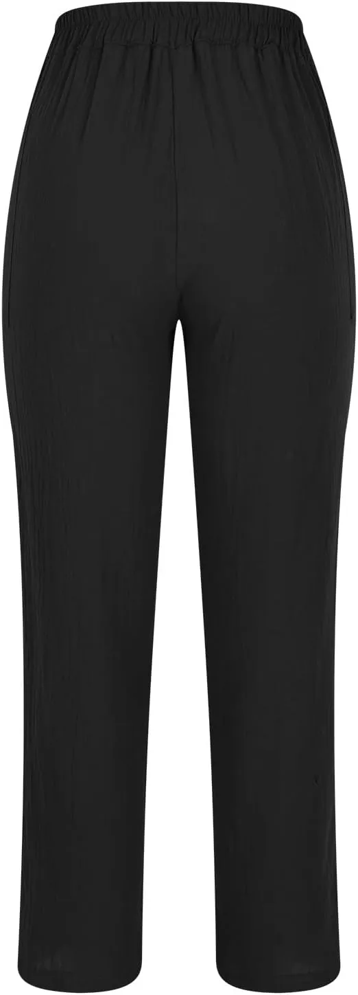 Women's Summer Casual Pants High Waisted Cotton Linen Palazzo Trousers Button Down Wide Leg Pocket Lounge Slacks
