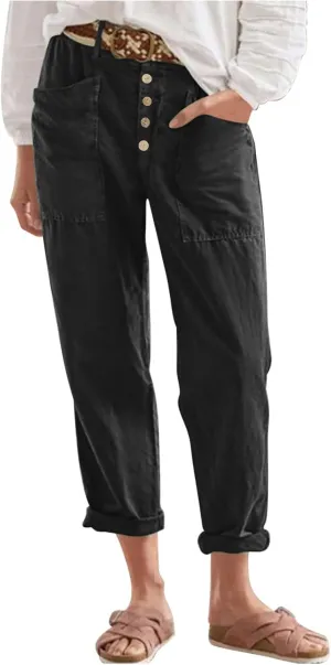 Women's Summer Casual Pants High Waisted Cotton Linen Palazzo Trousers Button Down Wide Leg Pocket Lounge Slacks