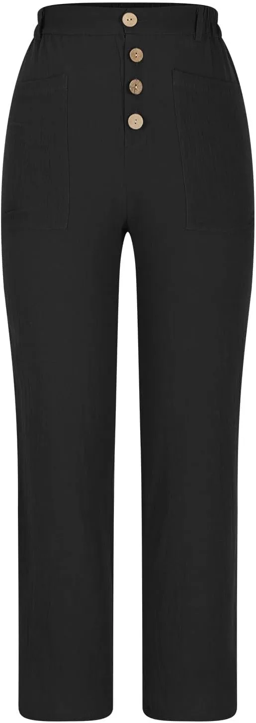 Women's Summer Casual Pants High Waisted Cotton Linen Palazzo Trousers Button Down Wide Leg Pocket Lounge Slacks