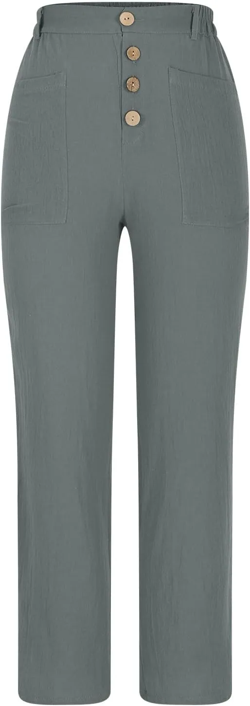 Women's Summer Casual Pants High Waisted Cotton Linen Palazzo Trousers Button Down Wide Leg Pocket Lounge Slacks