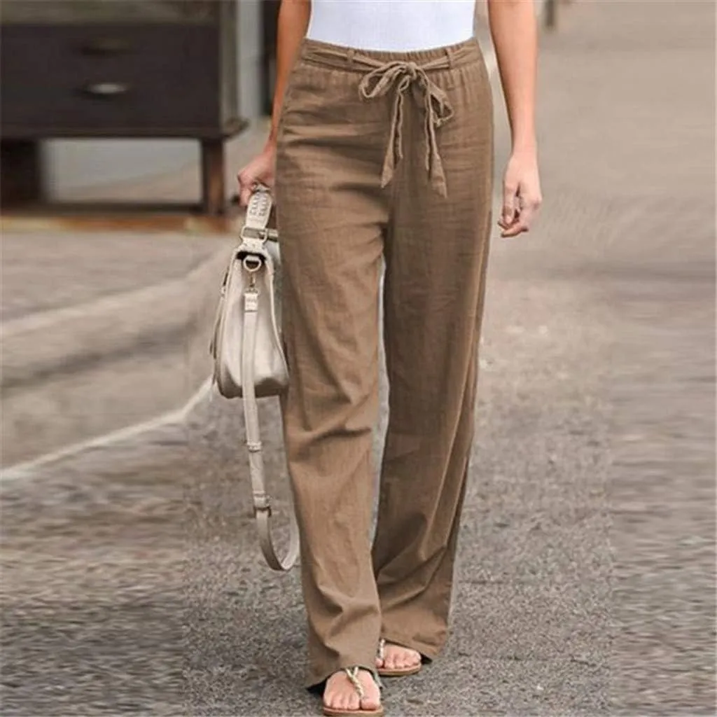 Women's Summer Drawstring Waist Trousers Wide Leg Loose Cotton Linen Palazzo Pants Spring and Summer Trousers