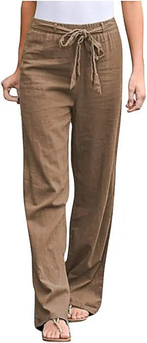 Women's Summer Drawstring Waist Trousers Wide Leg Loose Cotton Linen Palazzo Pants Spring and Summer Trousers