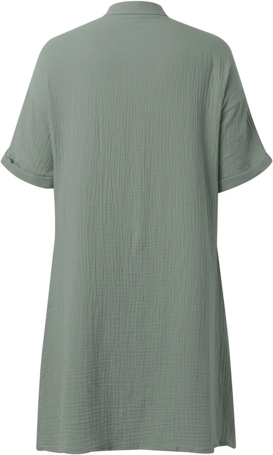 Women's Summer Dresses 2025 Cap Sleeves Button Down Solid Oversized Short Dress Tshirt Mini Dress with Pockets