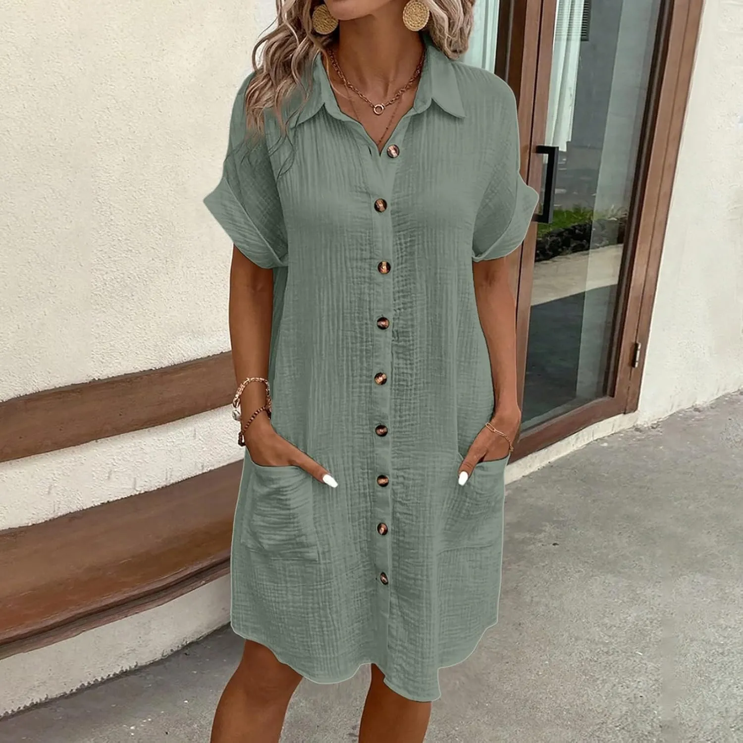 Women's Summer Dresses 2025 Cap Sleeves Button Down Solid Oversized Short Dress Tshirt Mini Dress with Pockets