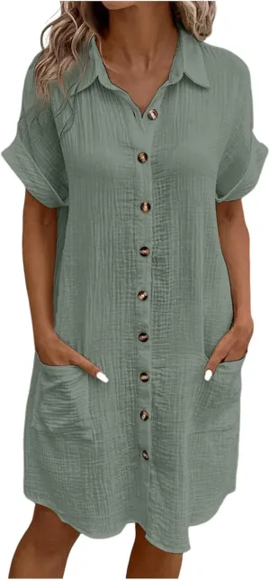 Women's Summer Dresses 2025 Cap Sleeves Button Down Solid Oversized Short Dress Tshirt Mini Dress with Pockets