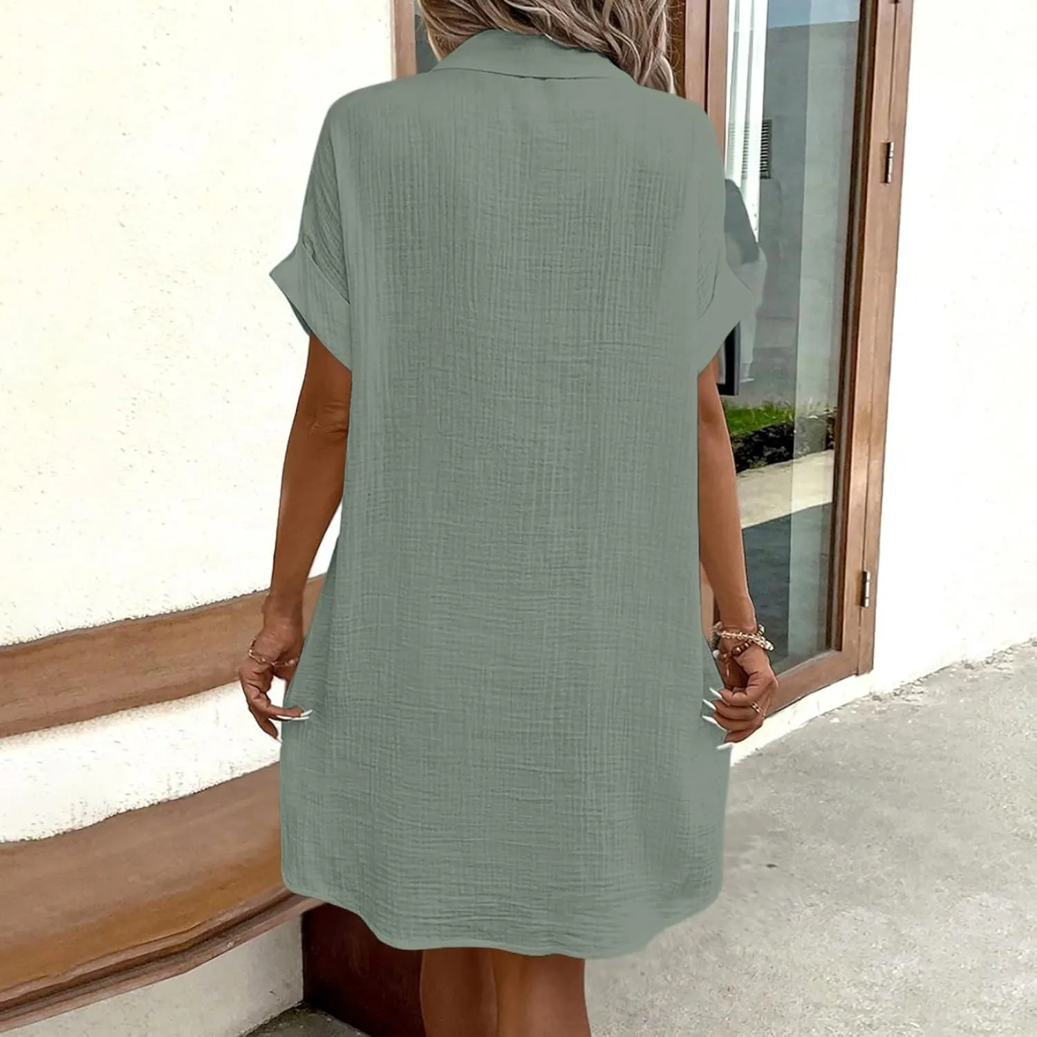 Women's Summer Dresses 2025 Cap Sleeves Button Down Solid Oversized Short Dress Tshirt Mini Dress with Pockets