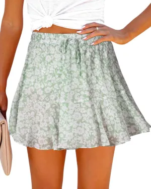 Womens Summer Flowy Shorts Casual Boho Floral Skorts Ruffle Mini Skirts Running Tennis Chiffon Butterfly Shorts White Green Floral, Medium