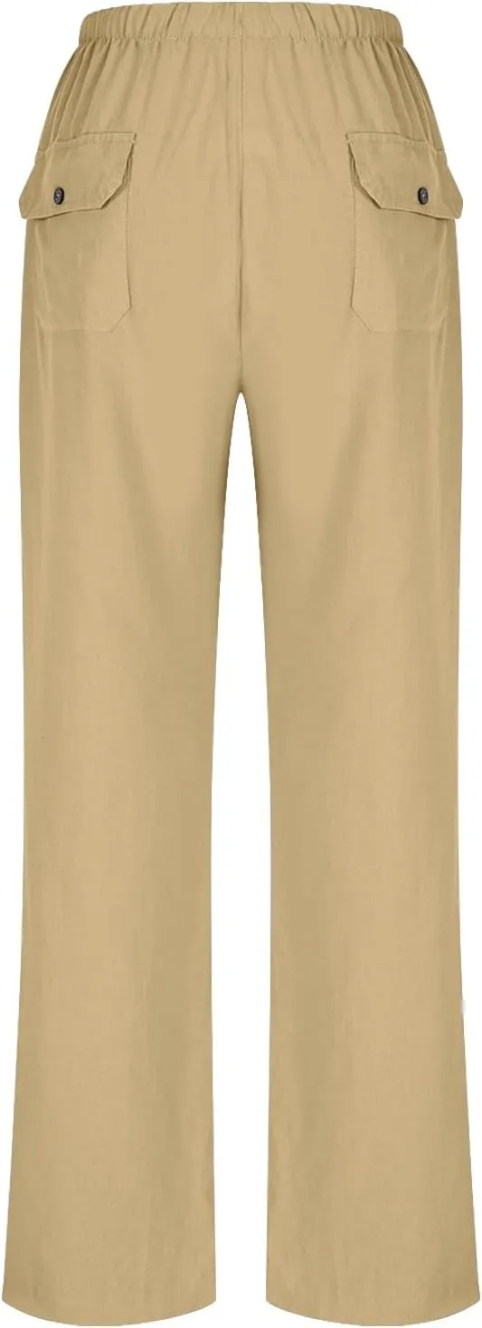 Women's Summer Loose Cotton Linen Palazzo Pants Drawstring Waist Wide Leg Pants with Pockets Long Lounge Trousers