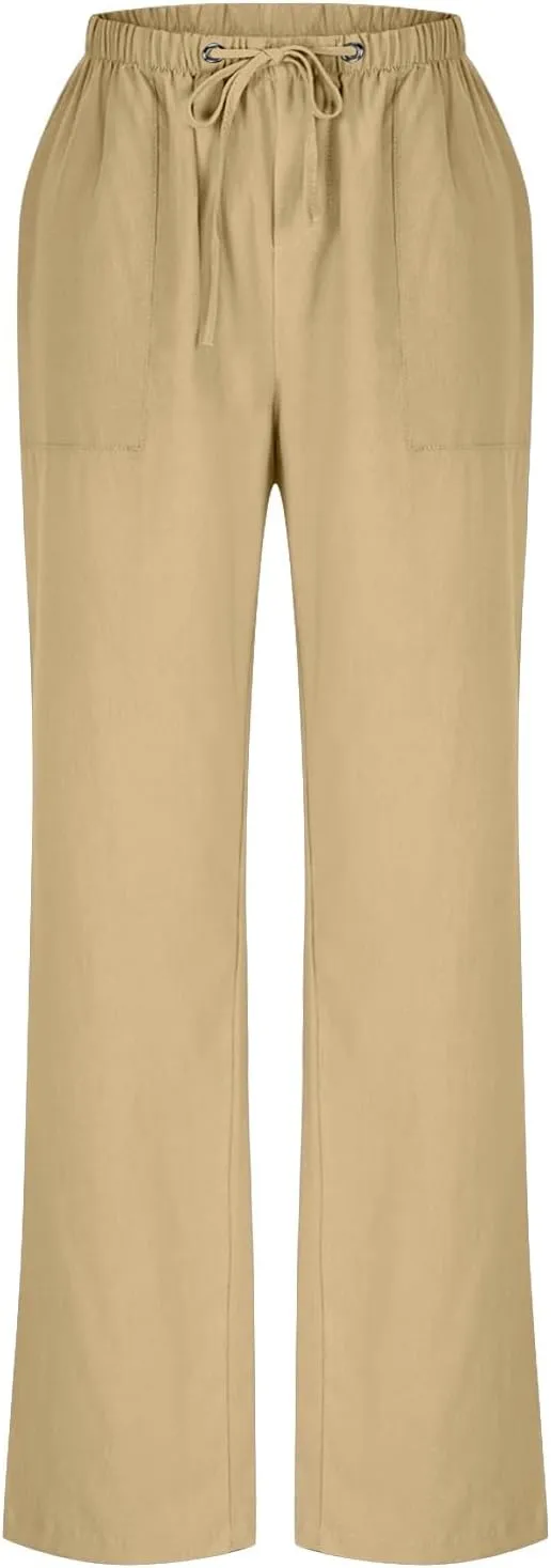Women's Summer Loose Cotton Linen Palazzo Pants Drawstring Waist Wide Leg Pants with Pockets Long Lounge Trousers