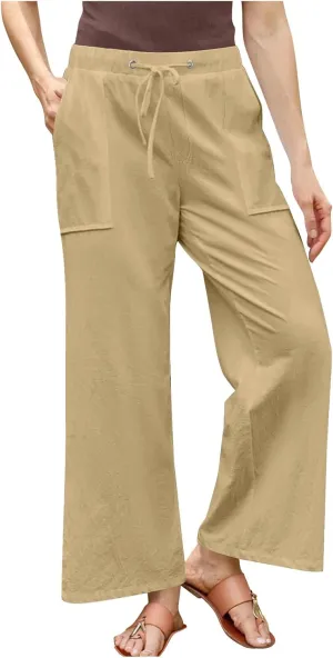 Women's Summer Loose Cotton Linen Palazzo Pants Drawstring Waist Wide Leg Pants with Pockets Long Lounge Trousers
