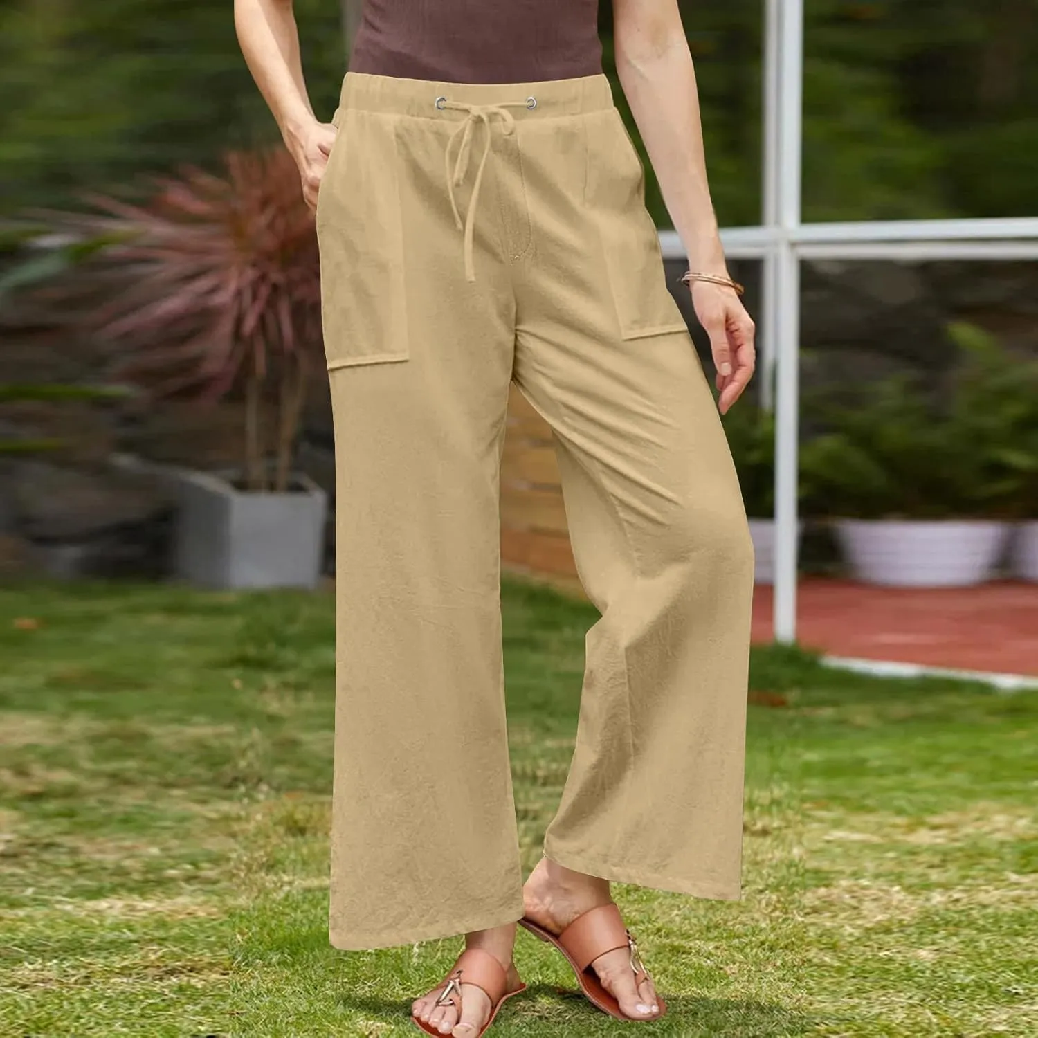 Women's Summer Loose Cotton Linen Palazzo Pants Drawstring Waist Wide Leg Pants with Pockets Long Lounge Trousers