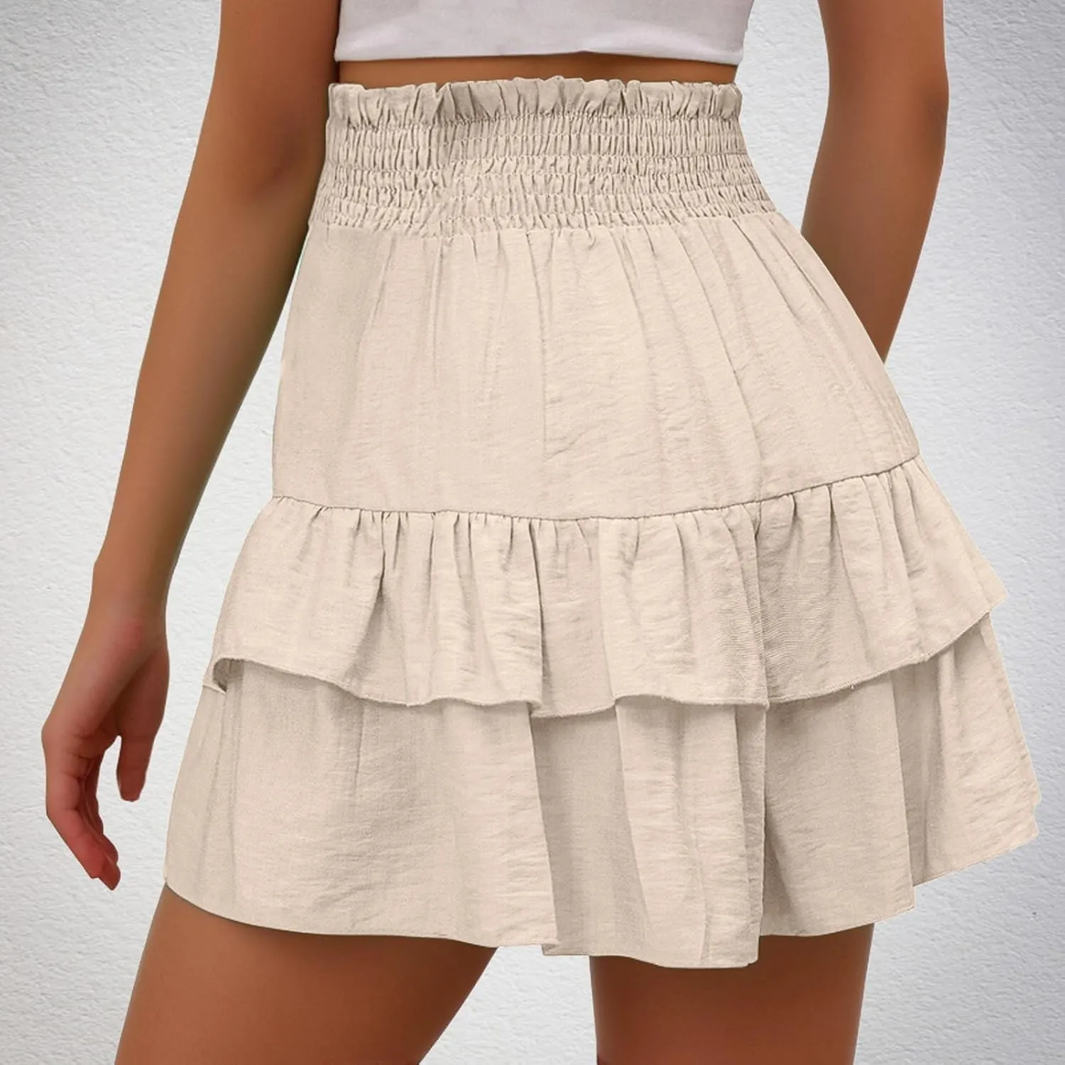 Womens Summer Skorts Flowy Mini Skirts High Waist Ruffle Tiered Skorts Casual Boho Beach Skirts Built-in Shorts