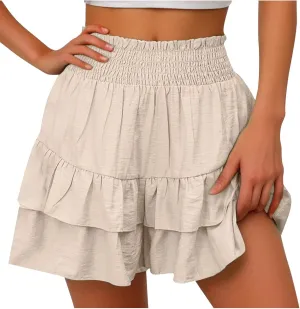 Womens Summer Skorts Flowy Mini Skirts High Waist Ruffle Tiered Skorts Casual Boho Beach Skirts Built-in Shorts