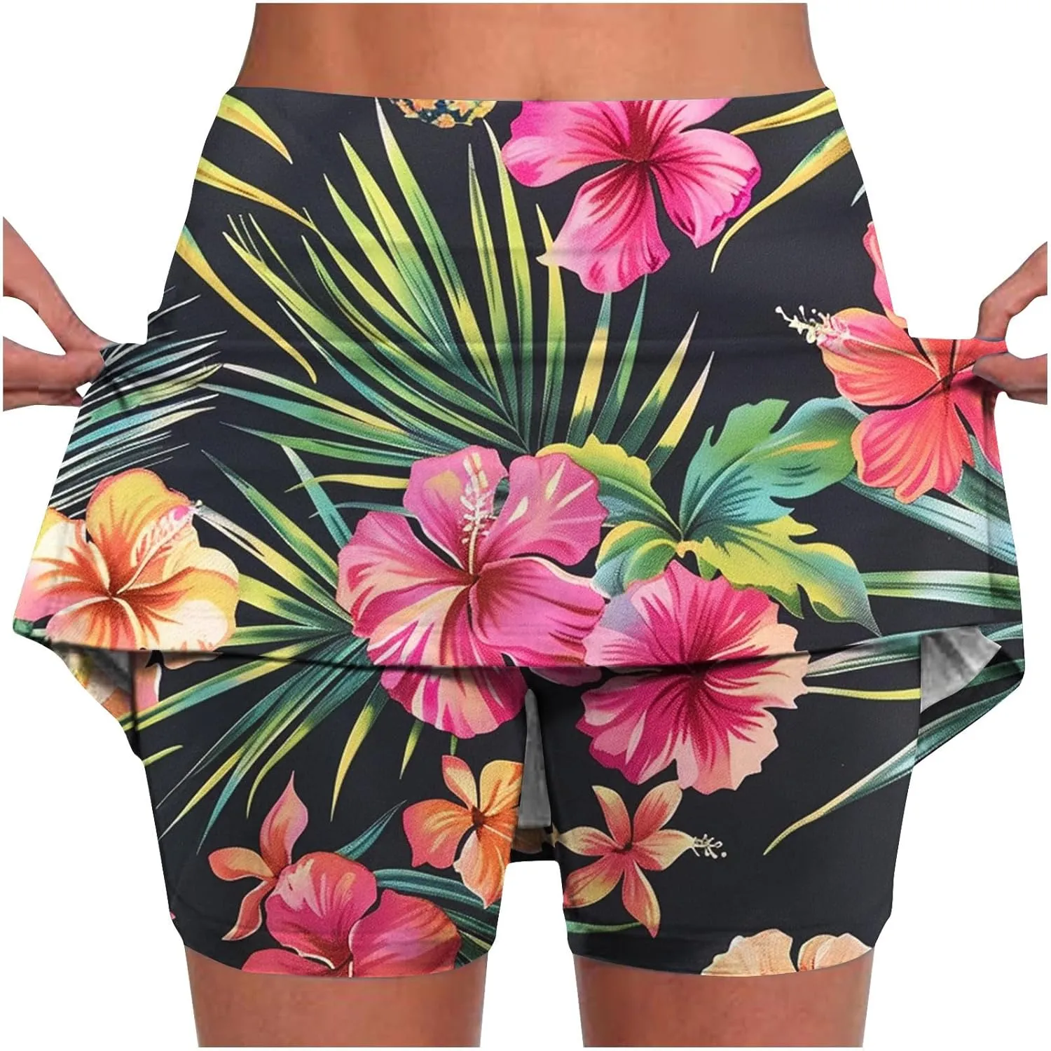 Womens Summer Tennis Skirts with Shorts Workout Golf Athletic Skirts Hawaiian Vacation Floral Print High Waist Skorts