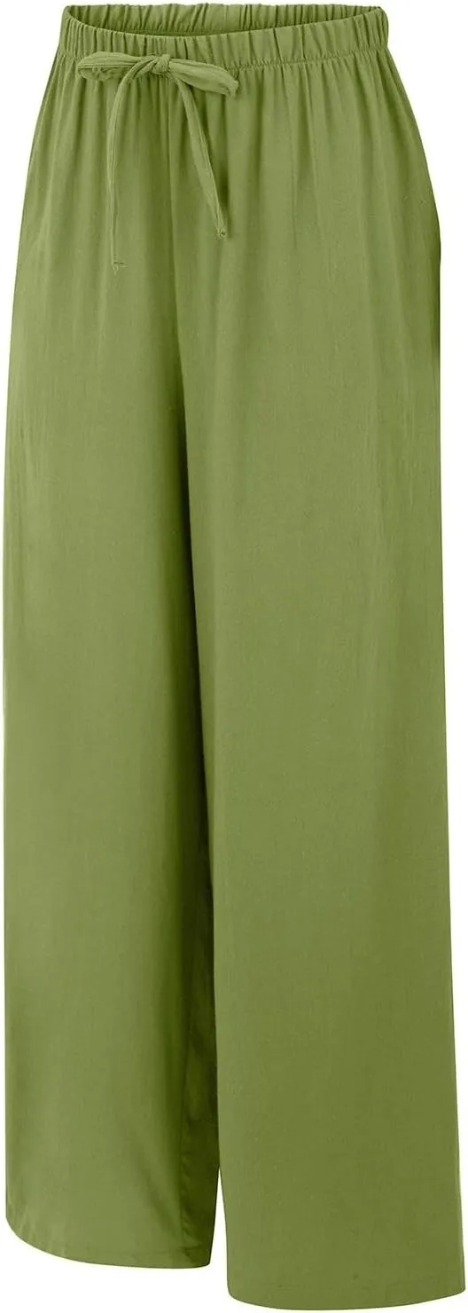 Women's Summer Wide Leg Pants Loose Drawstring Elastic Waist Lightweight Linen Palazzo Pants Beach Vacation Trousers
