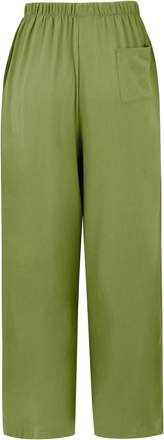 Women's Summer Wide Leg Pants Loose Drawstring Elastic Waist Lightweight Linen Palazzo Pants Beach Vacation Trousers