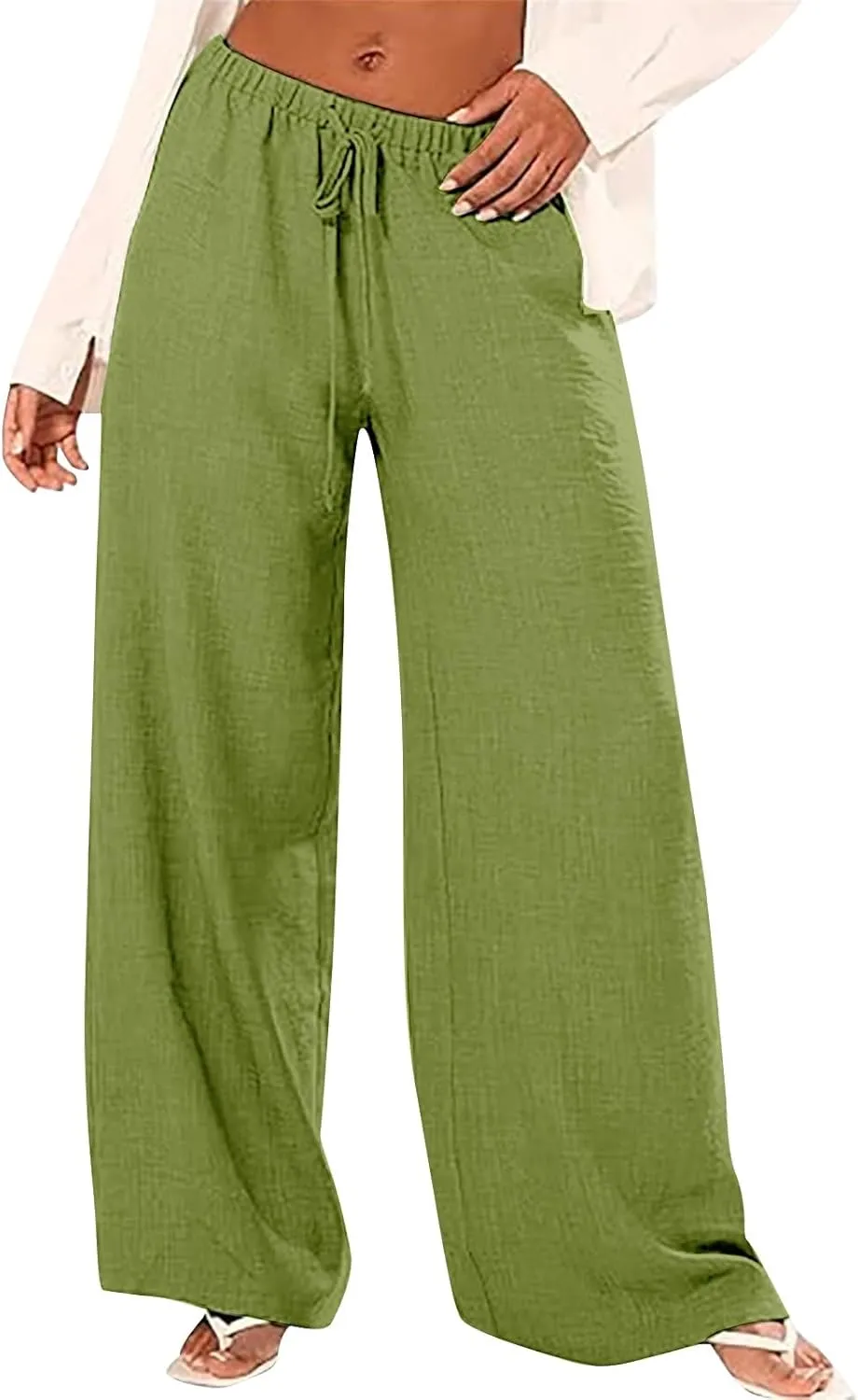 Women's Summer Wide Leg Pants Loose Drawstring Elastic Waist Lightweight Linen Palazzo Pants Beach Vacation Trousers