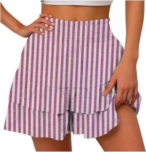 Women's Summer Wide Leg Printed High Waisted Lightweight Shorts with Floral Pleated Hem Casual Vacation Pants