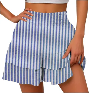 Women's Summer Wide Leg Printed High Waisted Lightweight Shorts with Floral Pleated Hem Casual Vacation Pants