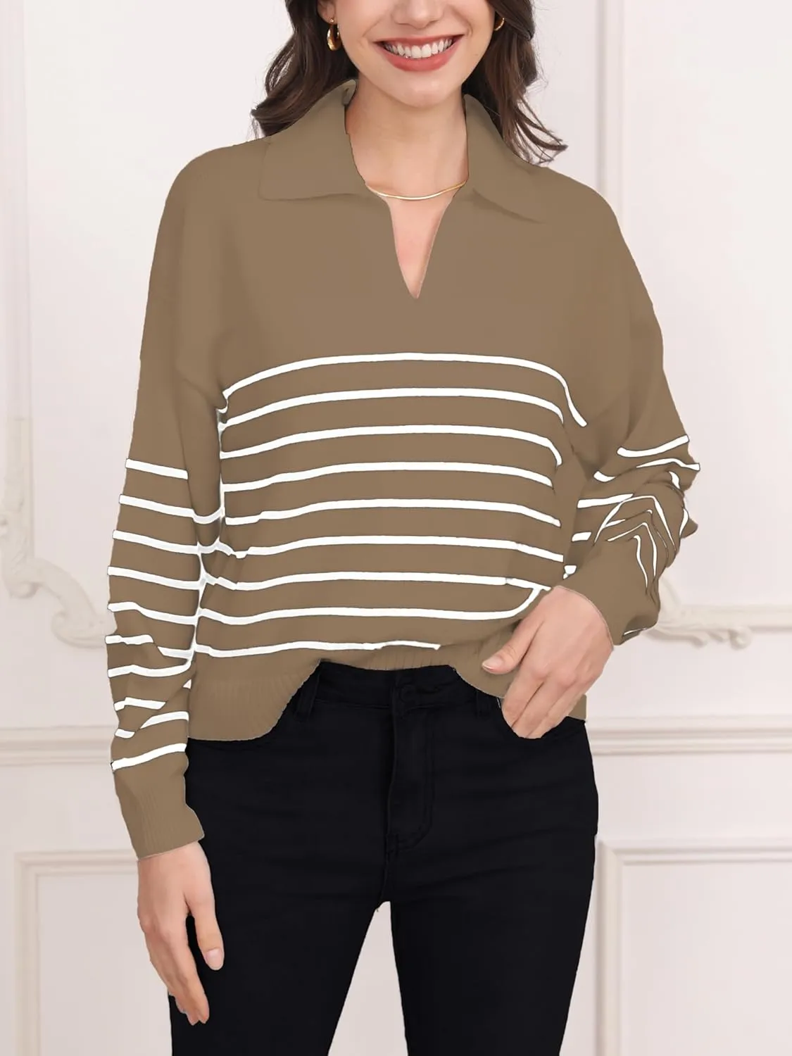 Women's Sweater, Casual Striped Long Sleeve Polo V Neck Knit Pullover Loose Sweater for Valentine's Day