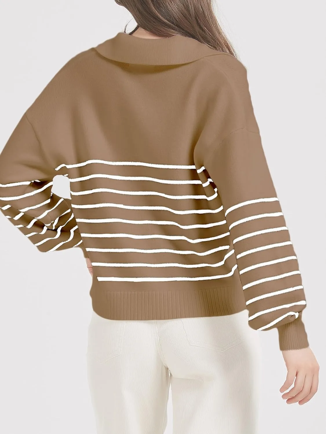 Women's Sweater, Casual Striped Long Sleeve Polo V Neck Knit Pullover Loose Sweater for Valentine's Day