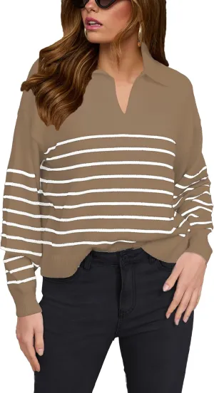 Women's Sweater, Casual Striped Long Sleeve Polo V Neck Knit Pullover Loose Sweater for Valentine's Day