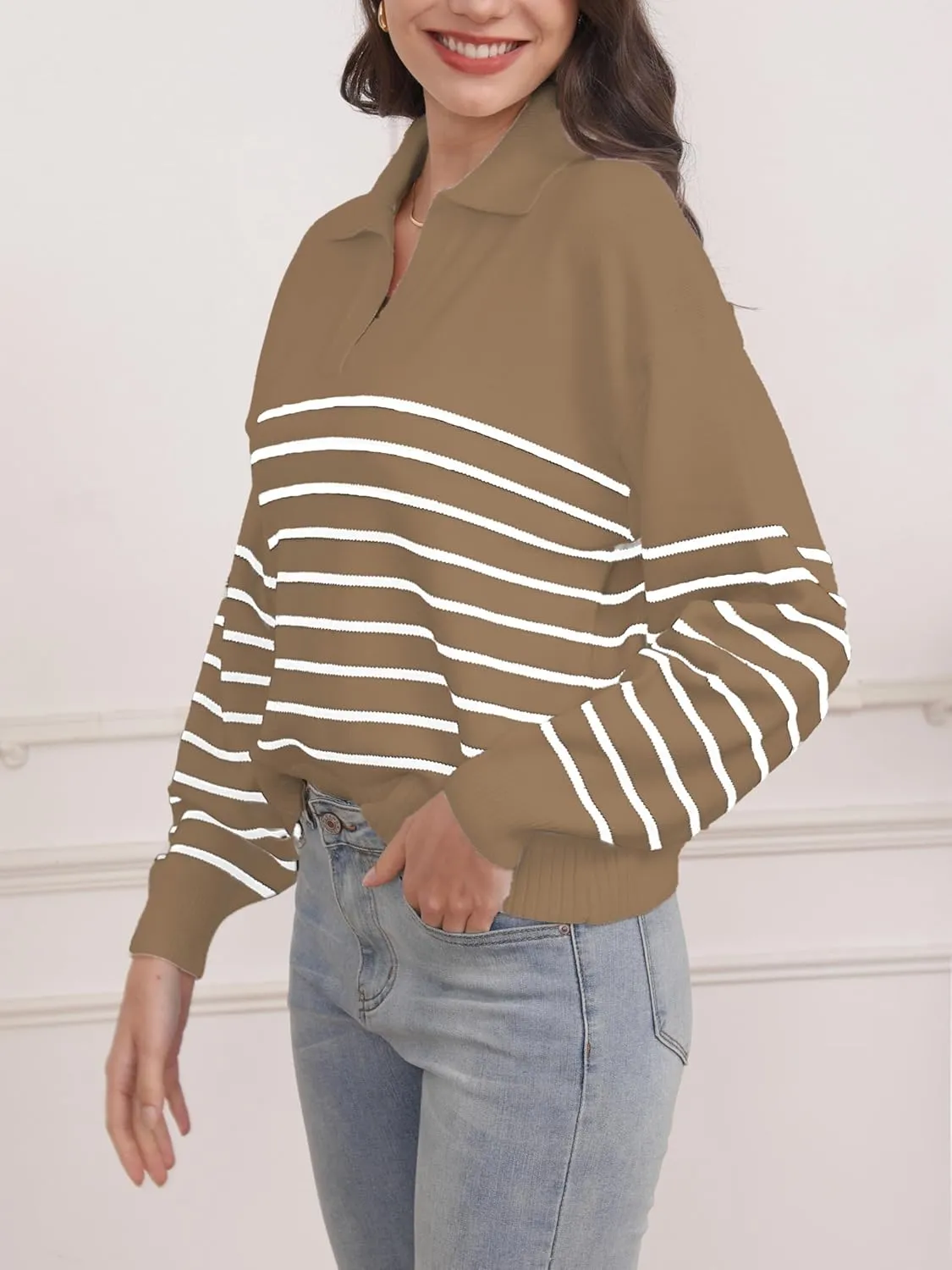 Women's Sweater, Casual Striped Long Sleeve Polo V Neck Knit Pullover Loose Sweater for Valentine's Day