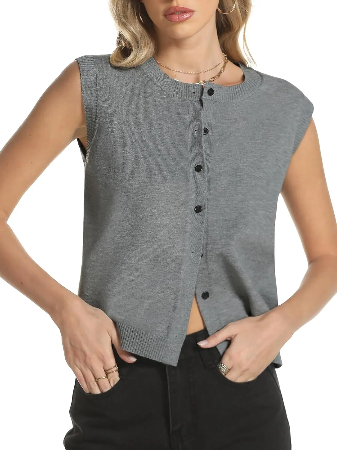 Womens Sweater Vest Summer Crewneck Button Down Tank Tops 2025 Trendy Sleeveless Knit Cardigan Crop Tops