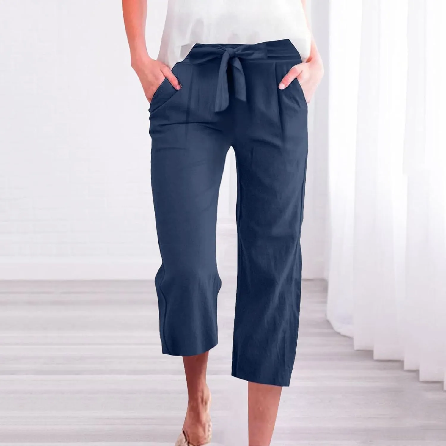 Womens Sweatpants Work,Cargo Pants Women Tall, Linen Cotton Straight Leg Petite Low Rise Capris with Pockets