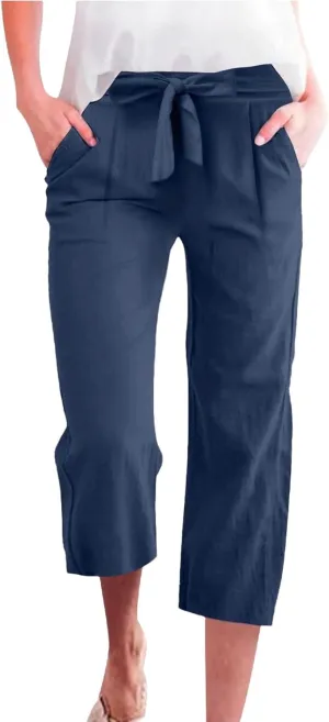 Womens Sweatpants Work,Cargo Pants Women Tall, Linen Cotton Straight Leg Petite Low Rise Capris with Pockets
