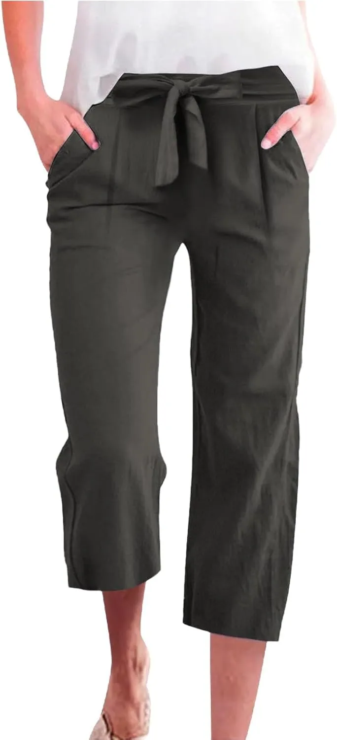 Womens Sweatpants,Women's Pants with Pockets Low Rise Capris Pockets Petite Work Straight Leg Linen Cotton