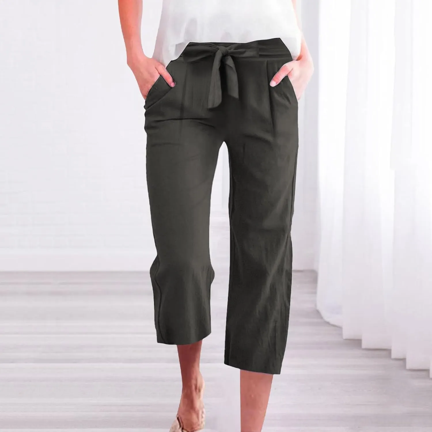 Womens Sweatpants,Women's Pants with Pockets Low Rise Capris Pockets Petite Work Straight Leg Linen Cotton