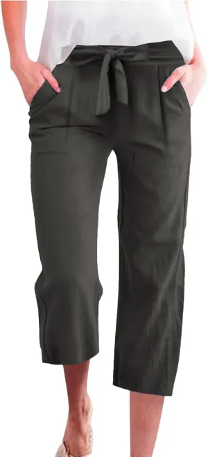 Womens Sweatpants,Women's Pants with Pockets Low Rise Capris Pockets Petite Work Straight Leg Linen Cotton